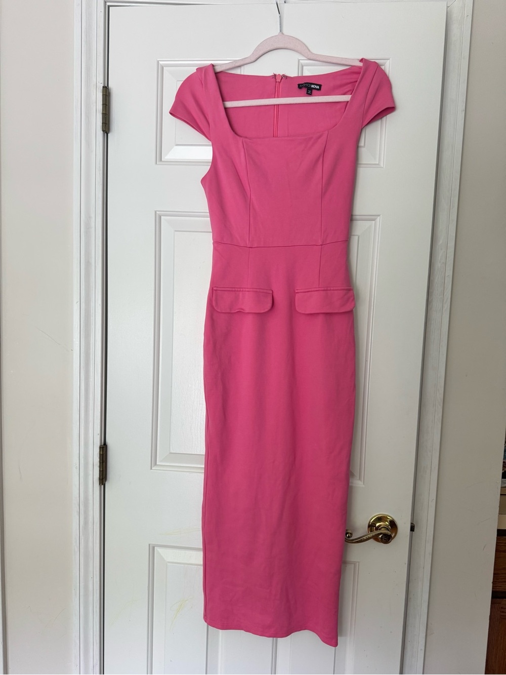 Pink Cap-Sleeve Pencil Midi Dress